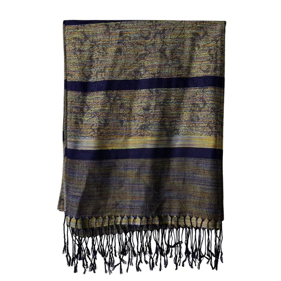 100% Pashmina Woven Scarf 70x27 Navy Multicolor Fringe - Picture 5 of 7